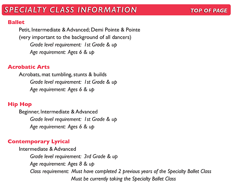 Specialty Class Info